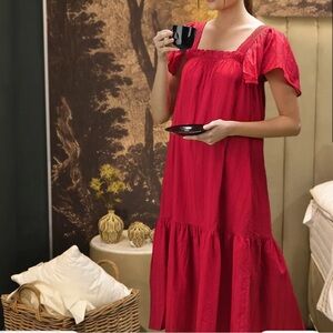 MNG Sustainable Cotton Red Square Neck Embroidered Relaxed Midi Dress NWT Sz XS
